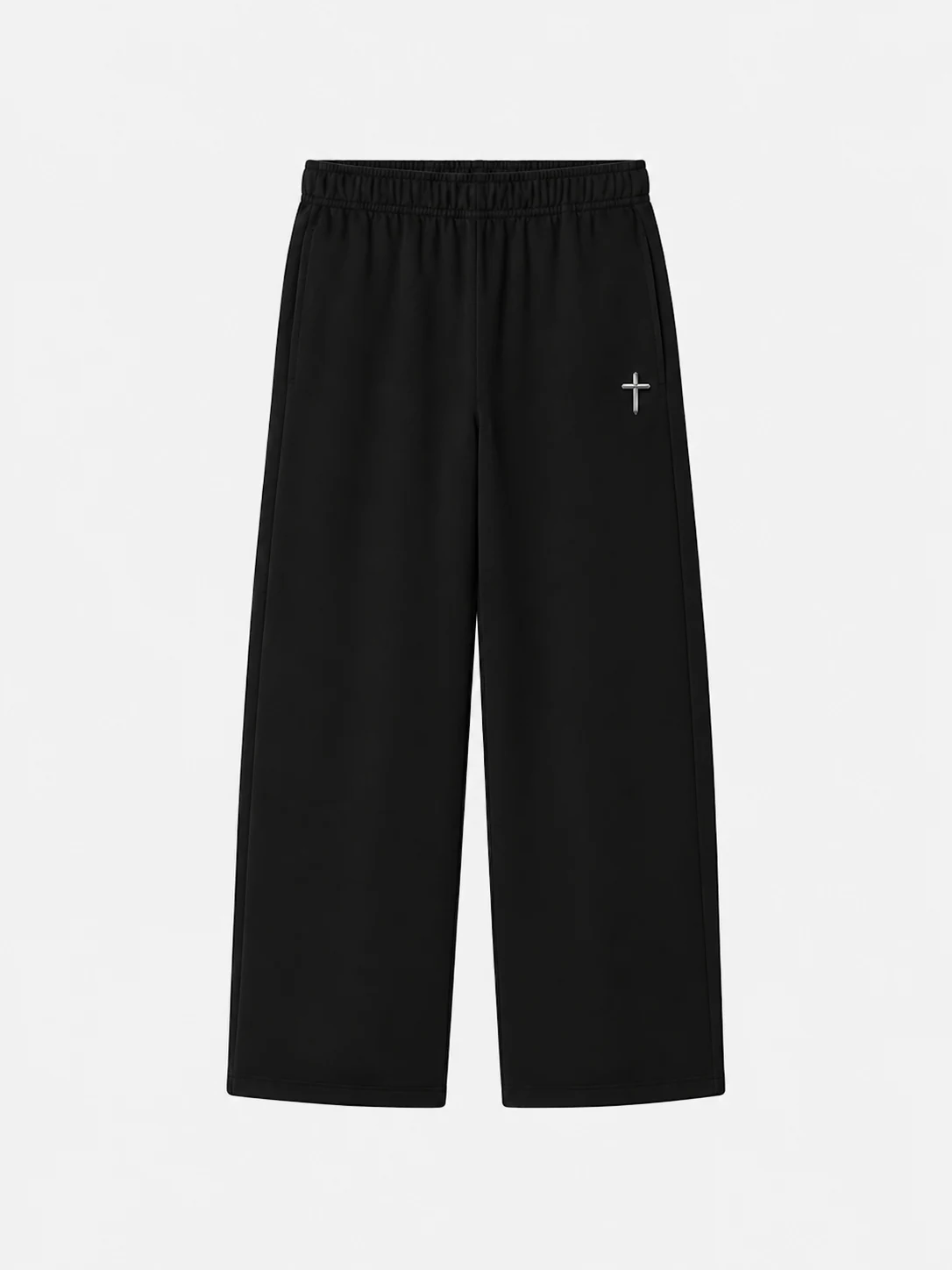 Front view of black VIA wide-leg pants with small chrome-inspired cross